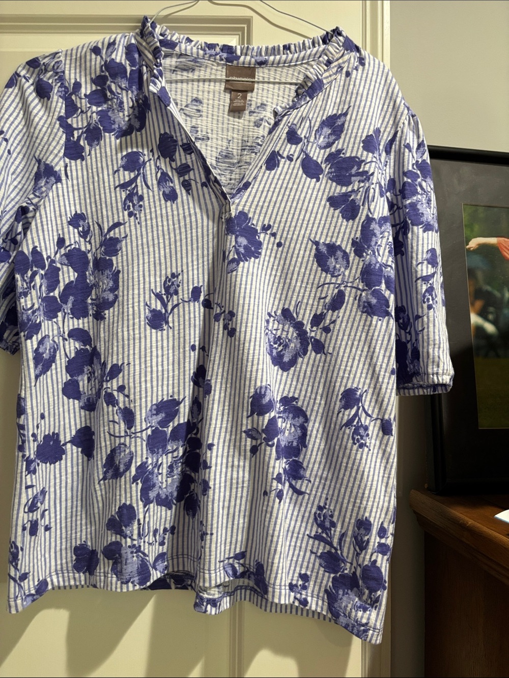 Chico's Blue Floral Stripe Women's V-Neck Blouse
